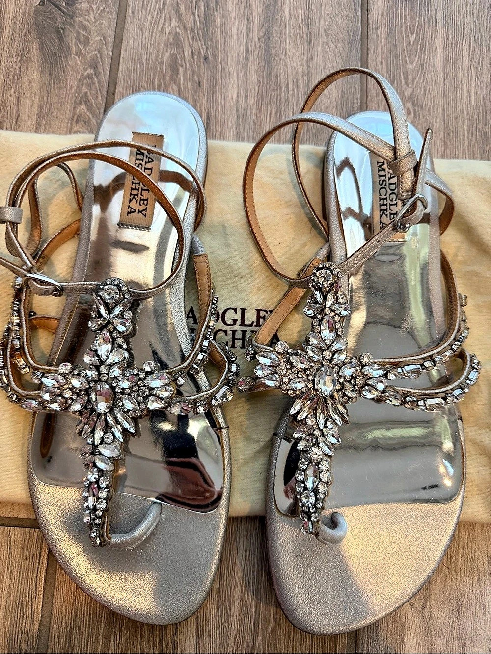 Badgley Mischka Silver Rhinestone T-Strap Flat Sandals / Bridal Shoes